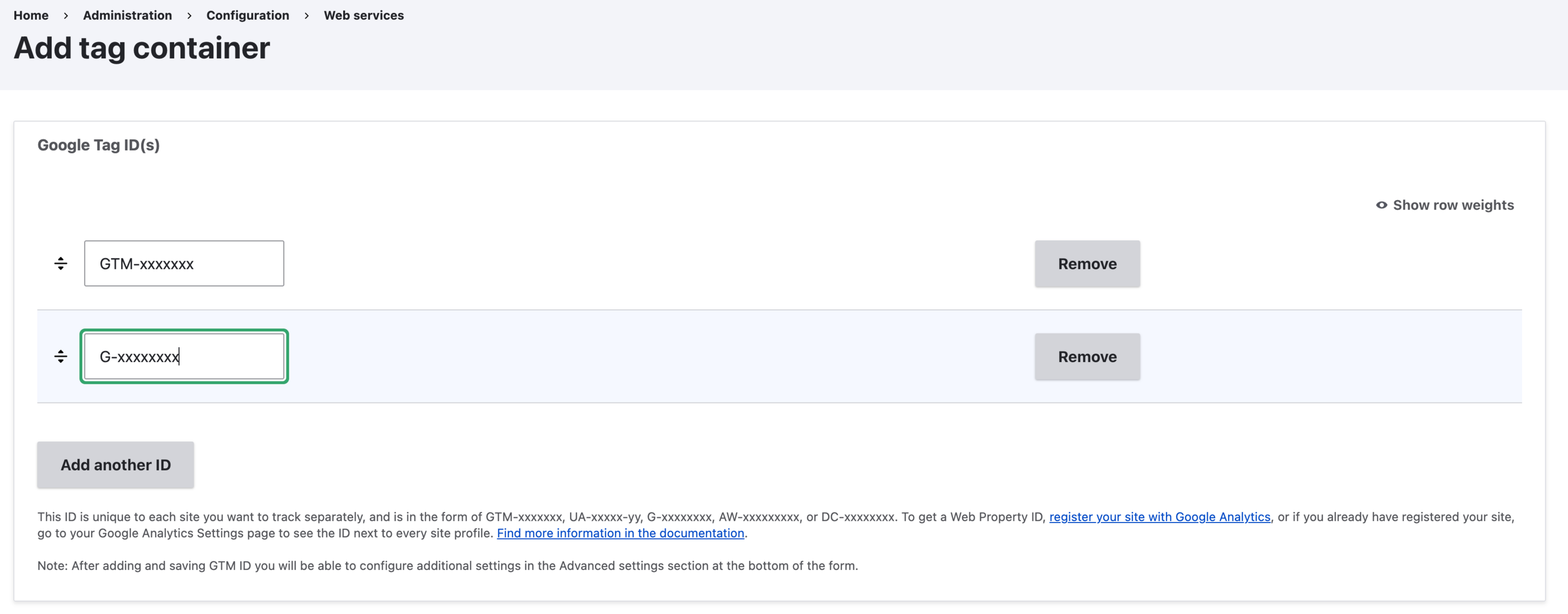Add tag container page with fields for entering multiple Google Tag IDs, including GTM and G-tag IDs, plus buttons to remove IDs or add another ID.