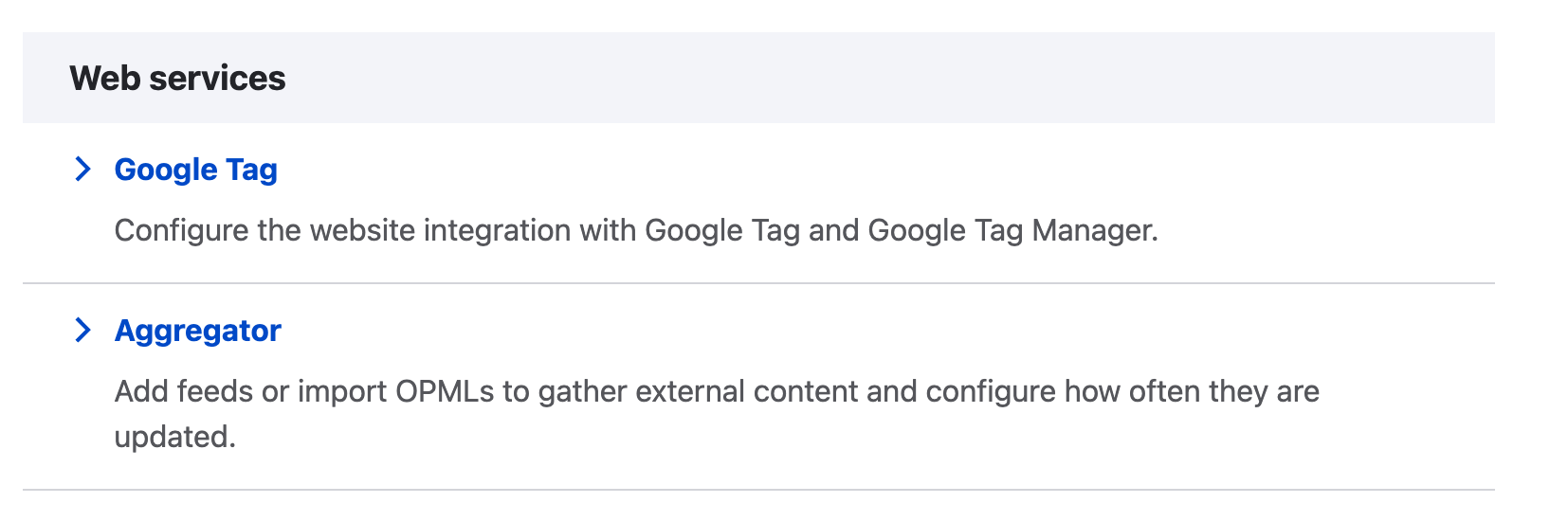 Web Services settings page with two options: Google Tag for configuring Google Tag and Google Tag Manager integration, and Aggregator for adding feeds or importing OPML files.